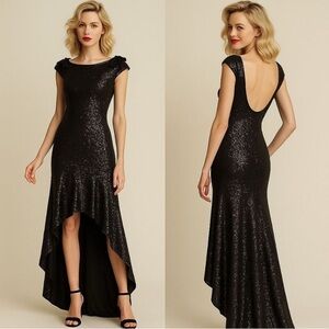 Pearl Georgina Chapman of Marchesa black sequin hi low formal dress
